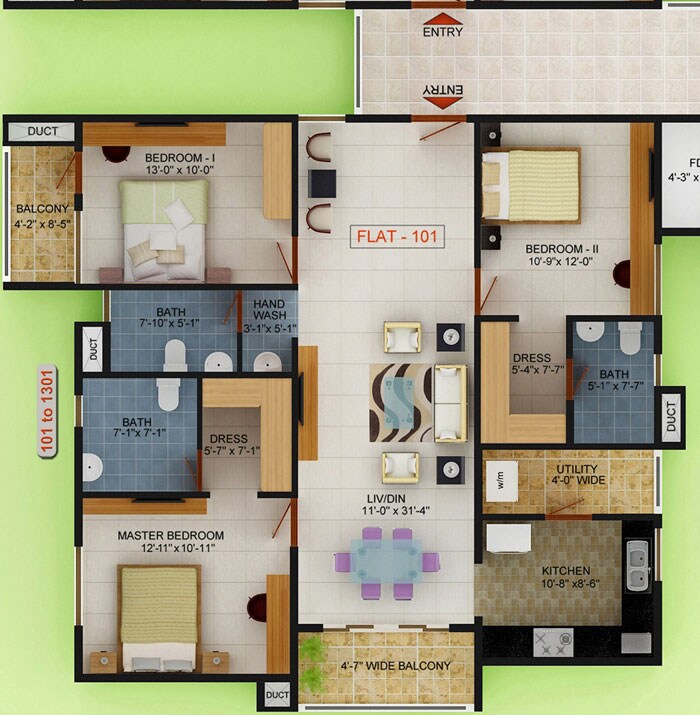 Floor plan of 3 BHK 1560 Sq. Ft. Apartment in Golden Gate Commune, Bangalore