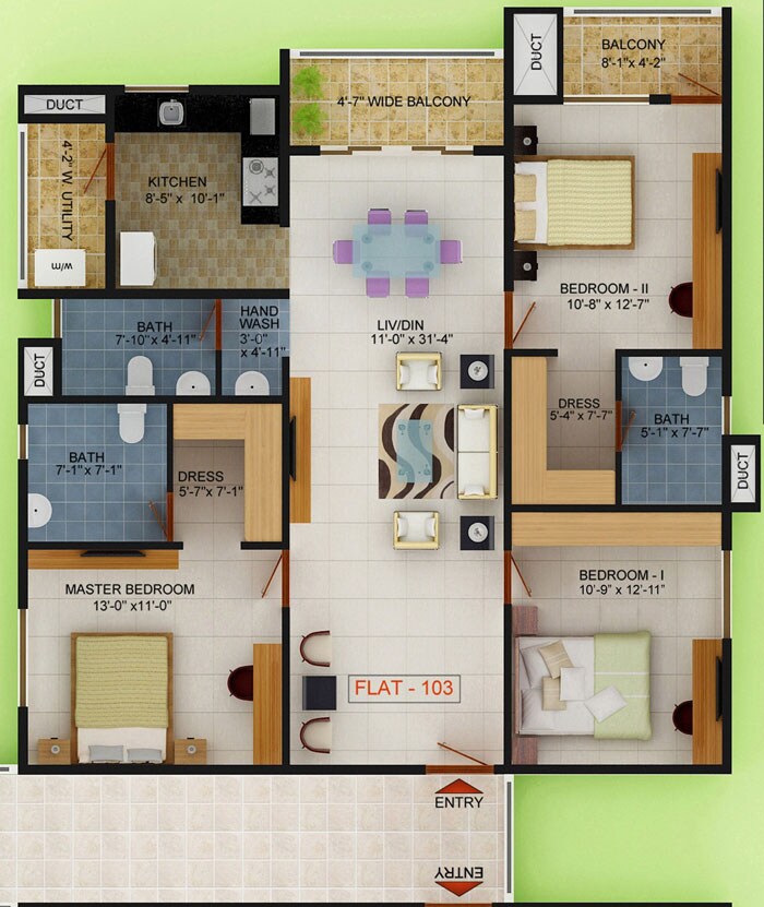 Floor plan of 3 BHK 1590 Sq. Ft. Apartment in Golden Gate Commune, Bangalore