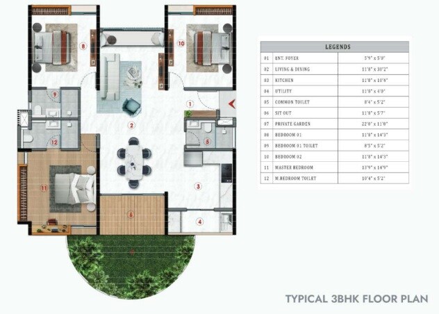 Floor plan of 3 BHK 1950 Sq. Ft. Apartment in The Formist Mandala, Bangalore