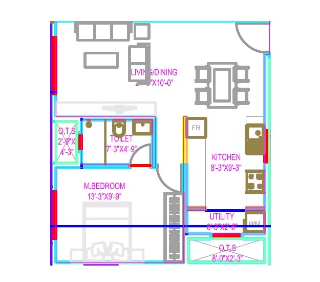 Floor plan of 1 BHK 695 Sq. Ft. Apartment in The Haven, Bangalore