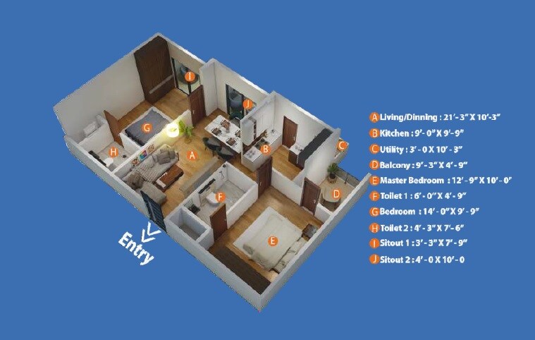 Floor plan of 2 BHK 1100 Sq. Ft. Apartment in The Haven, Bangalore