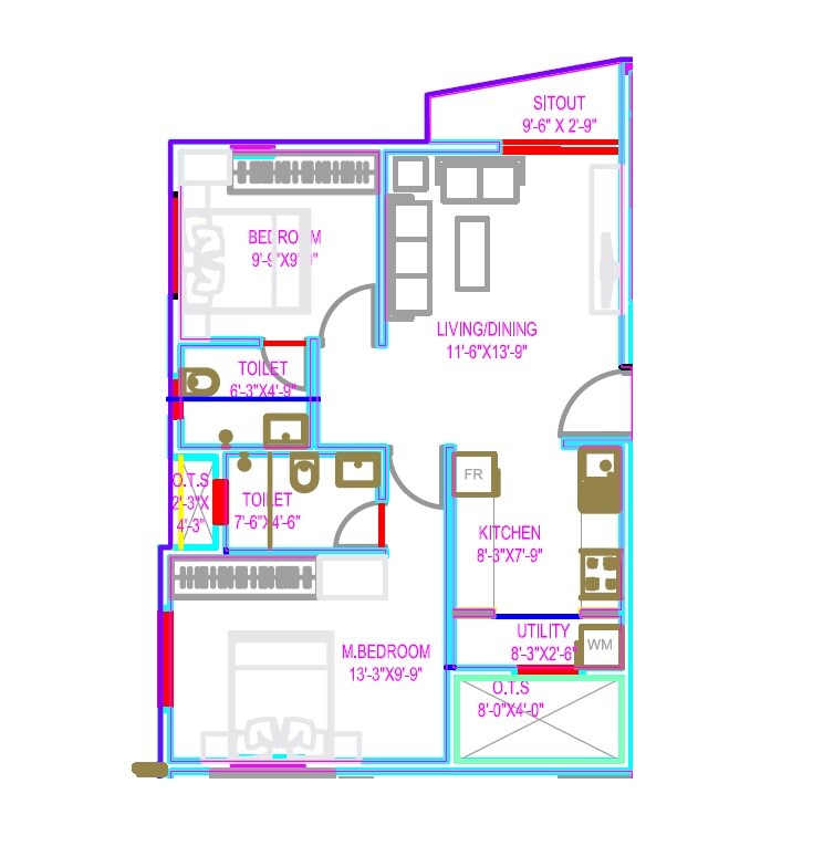 Floor plan of 2 BHK 811 Sq. Ft. Apartment in The Haven, Bangalore