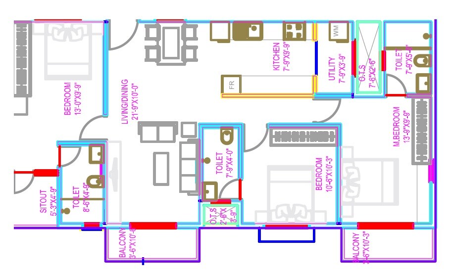 Floor plan of 3 BHK 1281 Sq. Ft. Apartment in The Haven, Bangalore