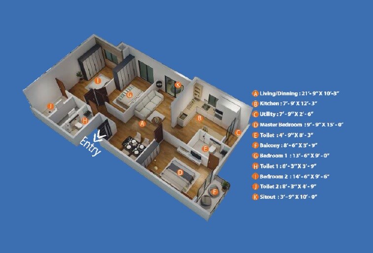 Floor plan of 3 BHK 1416 Sq. Ft. Apartment in The Haven, Bangalore