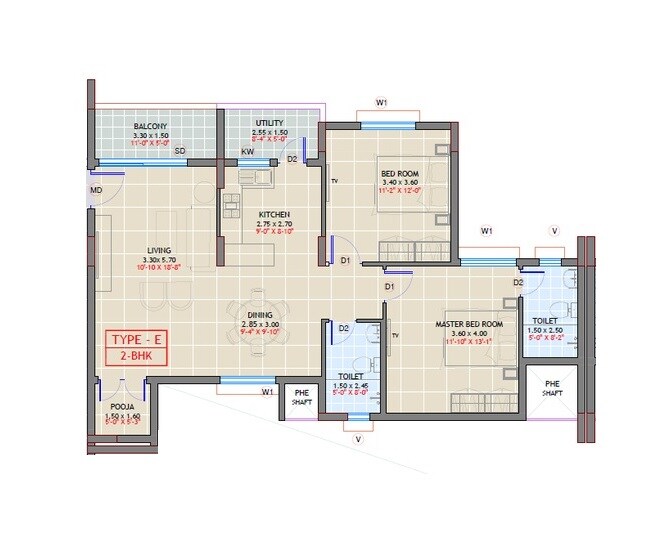 Floor plan of 2 BHK 1362 Sq. Ft. Apartment in The Infiniti, Bangalore