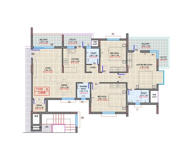 Floor plan of 3 BHK 1758 Sq. Ft. Apartment in The Infiniti, Bangalore