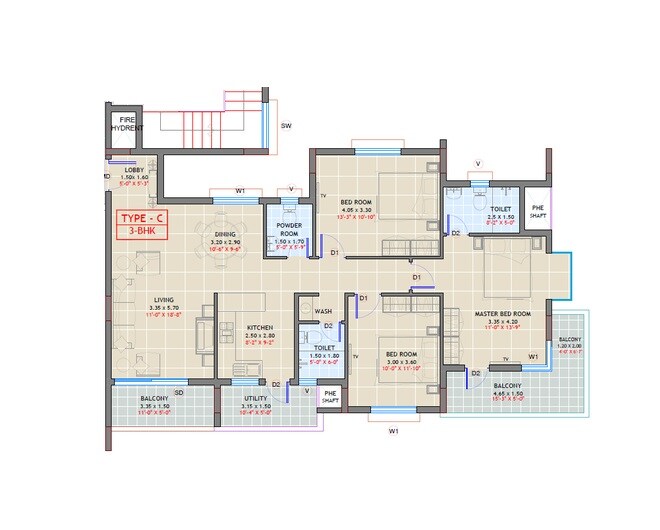 Floor plan of 3 BHK 1851 Sq. Ft. Apartment in The Infiniti, Bangalore