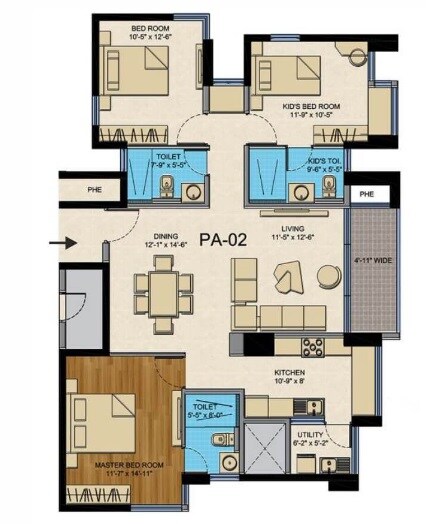 Floor plan of 3 BHK 1595 Sq. Ft. Apartment in The Presidential Tower, Bangalore