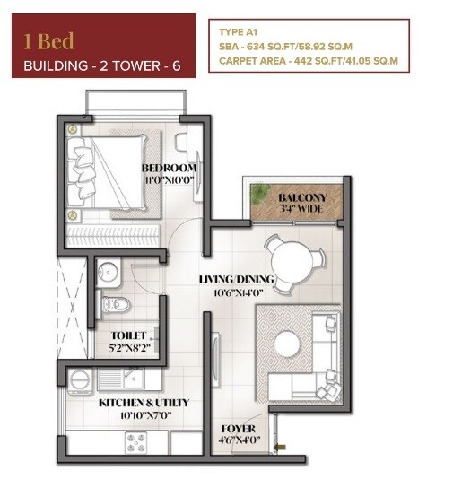Floor plan of 1 BHK 634 Sq. Ft. Apartment in The Prestige City, Bangalore
