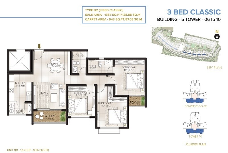Floor plan of 3 BHK 1387 Sq. Ft. Apartment in The Prestige City, Bangalore