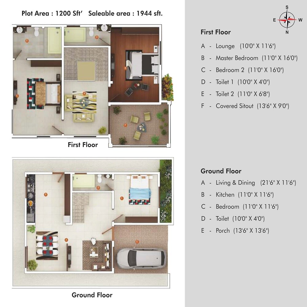 Floor plan of 3 BHK 1944 Sq. Ft. Villa in The Regent Villas, Bangalore