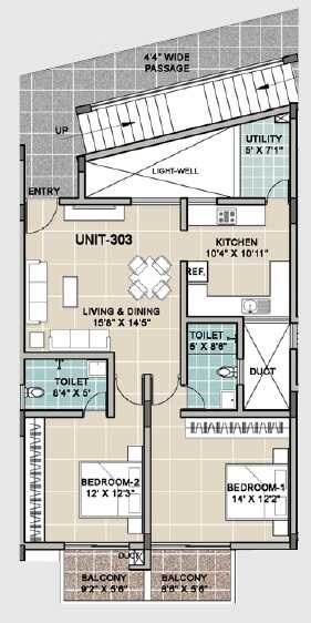 Floor plan of 2 BHK 1323 Sq. Ft. Apartment in The Tennis Village Greens, Bangalore