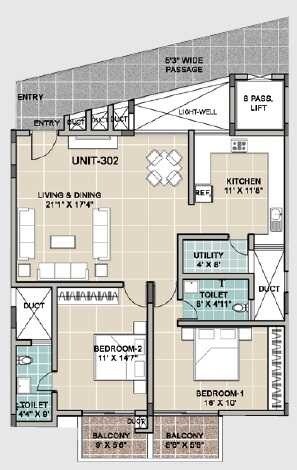 Floor plan of 2 BHK 1491 Sq. Ft. Apartment in The Tennis Village Greens, Bangalore