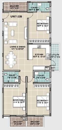Floor plan of 3 BHK 1906 Sq. Ft. Apartment in The Tennis Village Greens, Bangalore