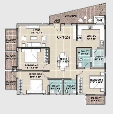 Floor plan of 3 BHK 2466 Sq. Ft. Apartment in The Tennis Village Greens, Bangalore