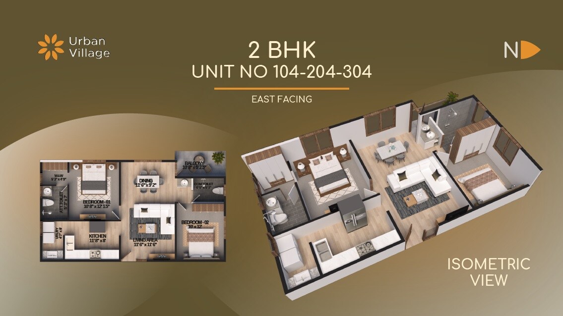 Floor plan of 2 BHK 1155 Sq. Ft. Apartment in The Urban Village, Bangalore