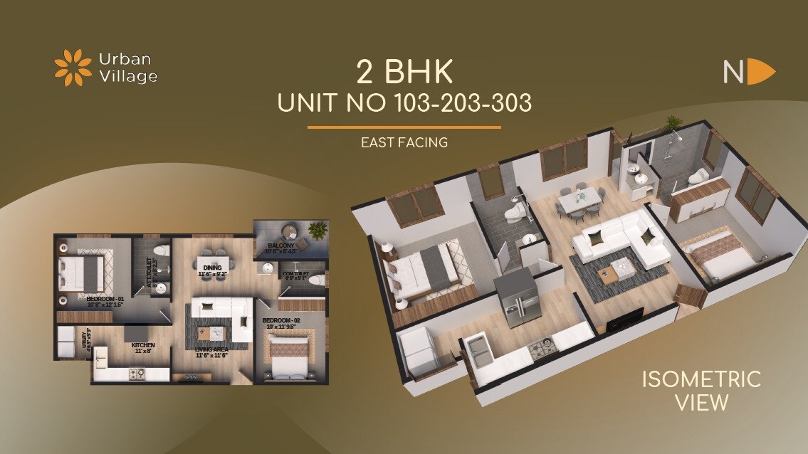 Floor plan of 2 BHK 1290 Sq. Ft. Apartment in The Urban Village, Bangalore