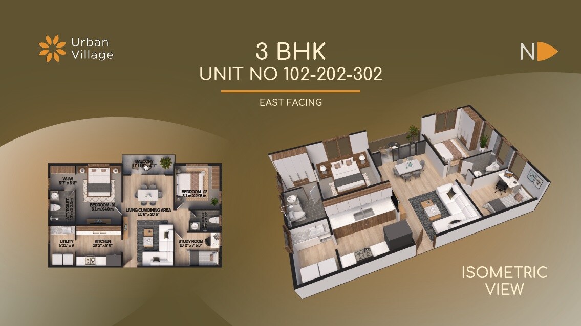 Floor plan of 3 BHK 1382 Sq. Ft. Apartment in The Urban Village, Bangalore