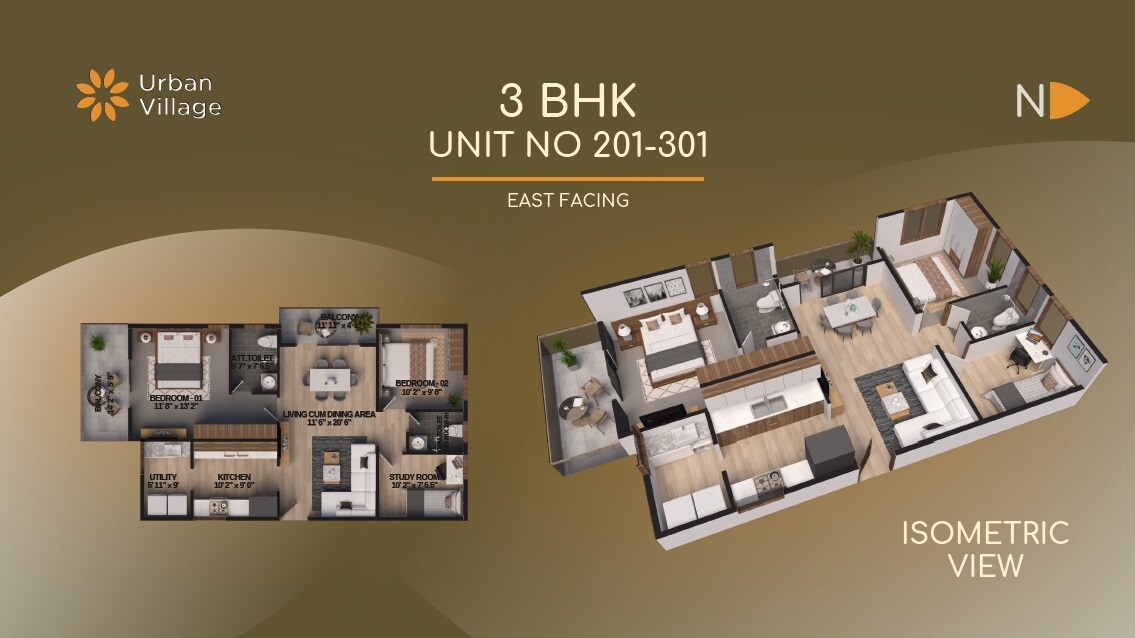 Floor plan of 3 BHK 1425 Sq. Ft. Apartment in The Urban Village, Bangalore