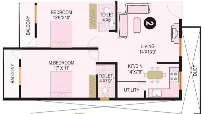 Floor plan of 2 BHK 1110 Sq. Ft. Apartment in The Wood Rose, Bangalore