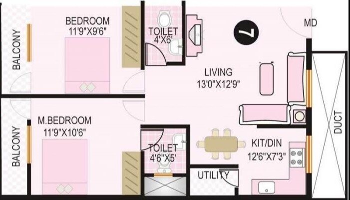 Floor plan of 2 BHK 880 Sq. Ft. Apartment in The Wood Rose, Bangalore