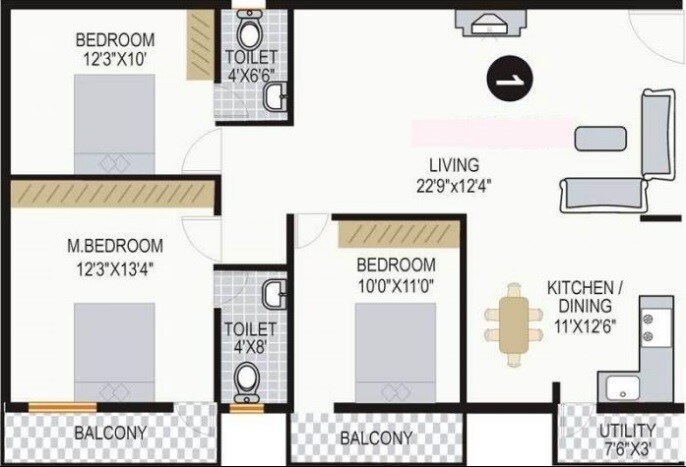 Floor plan of 3 BHK 1380 Sq. Ft. Apartment in The Wood Rose, Bangalore