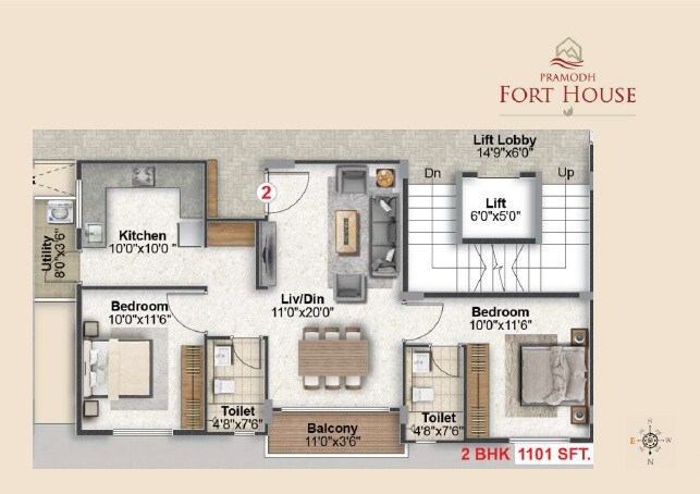 Floor plan of 2 BHK 1101 Sq. Ft. Apartment in Thipparthi Pramodh Fort House, Bangalore