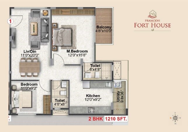 Floor plan of 2 BHK 1210 Sq. Ft. Apartment in Thipparthi Pramodh Fort House, Bangalore