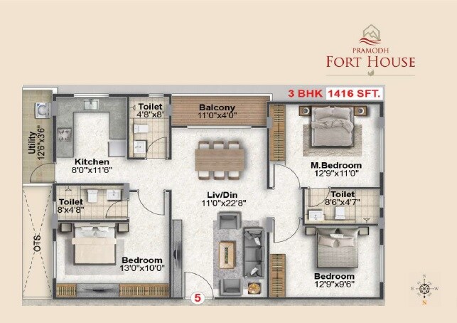 Floor plan of 3 BHK 1416 Sq. Ft. Apartment in Thipparthi Pramodh Fort House, Bangalore