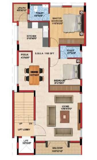Floor plan of 2 BHK 1165 Sq. Ft. Apartment in Thiru Margadarshi Arjun Enclave, Bangalore