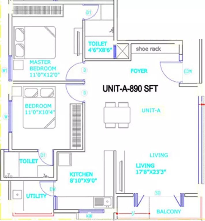 Floor plan of 2 BHK 890 Sq. Ft. Apartment in Thiru Margadarshi Dhanalaksmi Enclave, Bangalore