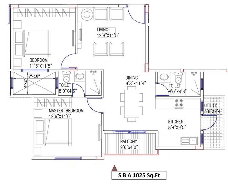 Floor plan of 2 BHK 1025 Sq. Ft. Apartment in Thiru Margadarshi Prema Sanklp, Bangalore