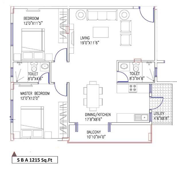 Floor plan of 2 BHK 1215 Sq. Ft. Apartment in Thiru Margadarshi Prema Sanklp, Bangalore