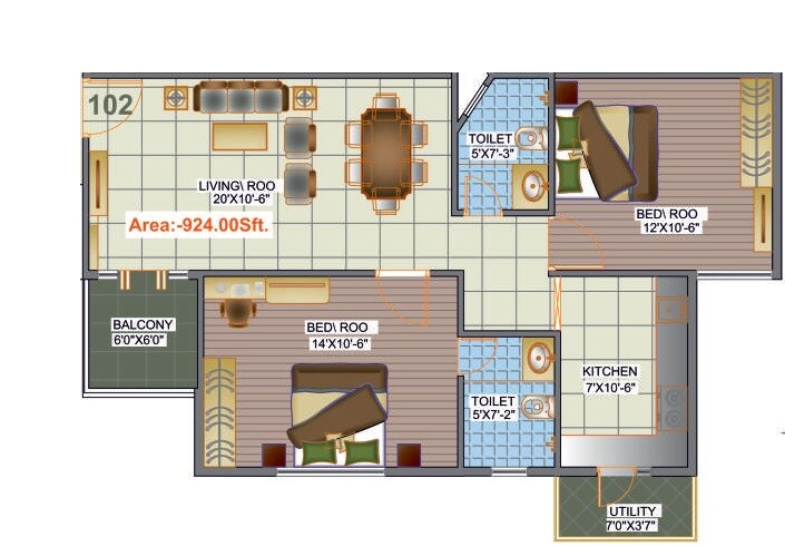 Floor plan of 2 BHK 924 Sq. Ft. Apartment in Time & Space Infinity, Bangalore