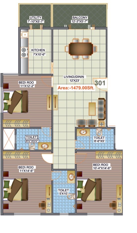 Floor plan of 3 BHK 1479 Sq. Ft. Apartment in Time & Space Infinity, Bangalore
