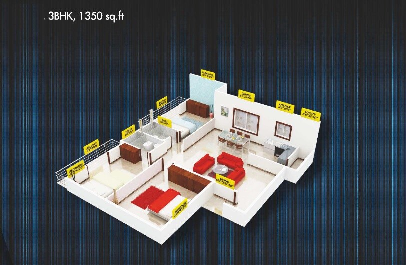 Floor plan of 3 BHK 1350 Sq. Ft. Apartment in Tirumala Bala Pinnacle, Bangalore
