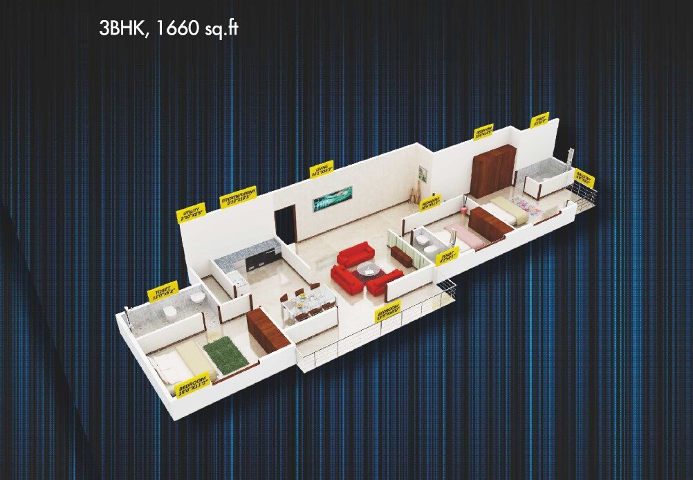 Floor plan of 3 BHK 1660 Sq. Ft. Apartment in Tirumala Bala Pinnacle, Bangalore