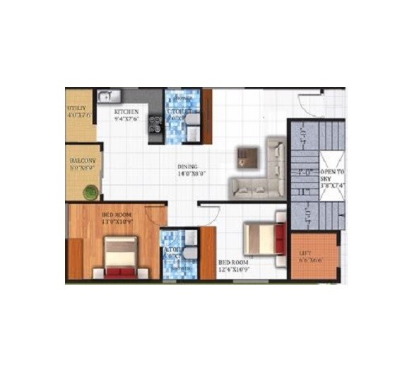 Floor plan of 2 BHK 1258 Sq. Ft. Apartment in TKN Ridge, Bangalore