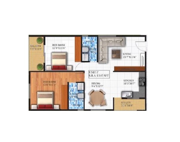 Floor plan of 2 BHK 1345 Sq. Ft. Apartment in TKN Ridge, Bangalore