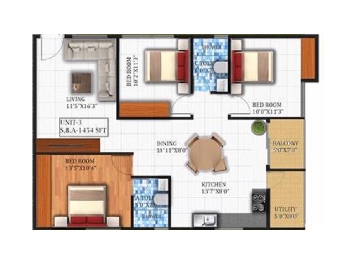 Floor plan of 3 BHK 1454 Sq. Ft. Apartment in TKN Ridge, Bangalore