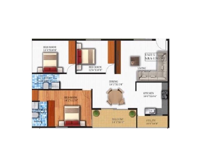 Floor plan of 3 BHK 1765 Sq. Ft. Apartment in TKN Ridge, Bangalore