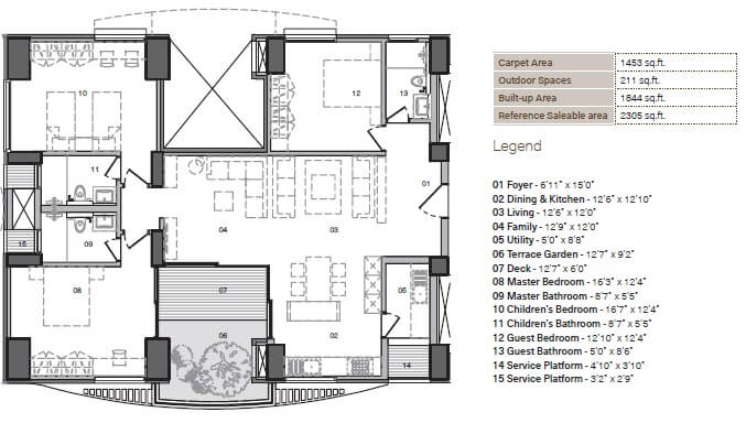 Floor plan of 3 BHK 2305 Sq. Ft. Apartment in Total Environment In That Quiet Earth, Bangalore