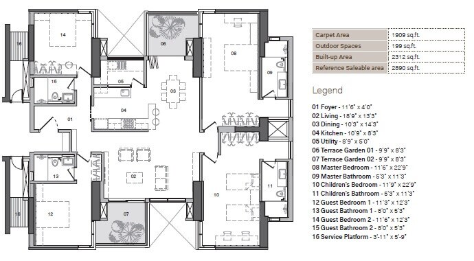 Floor plan of 4 BHK 2890 Sq. Ft. Apartment in Total Environment In That Quiet Earth, Bangalore