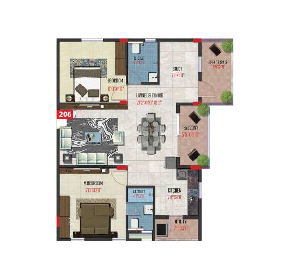 Floor plan of 2 BHK 1304 Sq. Ft. Apartment in Transformers Aspire, Bangalore