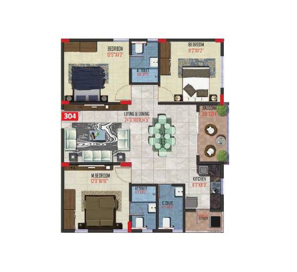 Floor plan of 3 BHK 1344 Sq. Ft. Apartment in Transformers Aspire, Bangalore