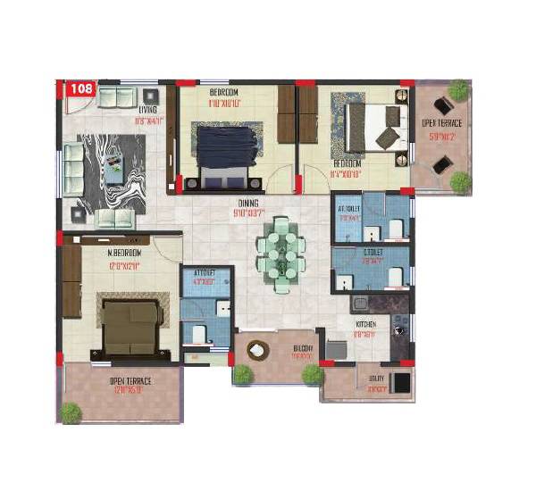 Floor plan of 3 BHK 1591 Sq. Ft. Apartment in Transformers Aspire, Bangalore