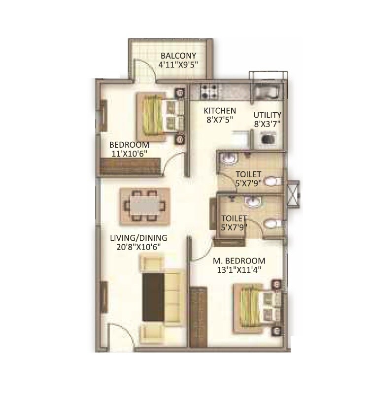 Floor plan of 2 BHK 1221 Sq. Ft. Apartment in Trendsquare Ortus Apartment, Bangalore
