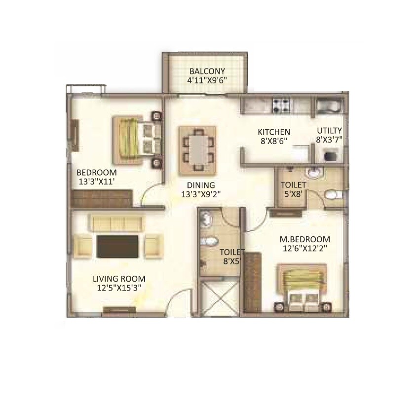 Floor plan of 2 BHK 1289 Sq. Ft. Apartment in Trendsquare Ortus Apartment, Bangalore