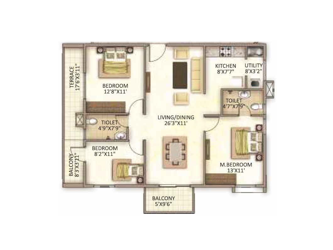 Floor plan of 3 BHK 1466 Sq. Ft. Apartment in Trendsquare Ortus Apartment, Bangalore