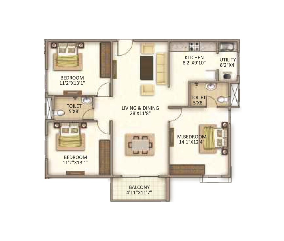 Floor plan of 3 BHK 1526 Sq. Ft. Apartment in Trendsquare Ortus Apartment, Bangalore